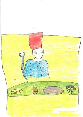 Bunte Zeichnung von Juka Abdilwahid vor einem leuchtend gelben Hintergrund. Im Zentrum steht eine stilisierte Person mit einer hohen, roten Kopfbedeckung und einer blauen Jacke mit dunklen Kn&ouml;pfen. Vor der Figur befindet sich eine gr&uuml;ne Arbeitsfl&auml;che, auf der verschiedene Objekte wie ein Glas, eine Sch&uuml;ssel und kleine violette Blumen angeordnet sind. Links neben der Person ist ein technisches Ger&auml;t mit Antenne zu sehen.