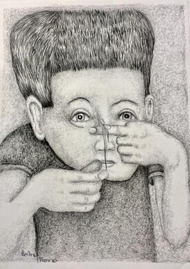 Eine Bleistiftzeichnung von einem Jungen, der mit einem St&uuml;ck Faden an seinen Fingern spielt. Gezeichnet vom K&uuml;nstler Werner Roitner.
