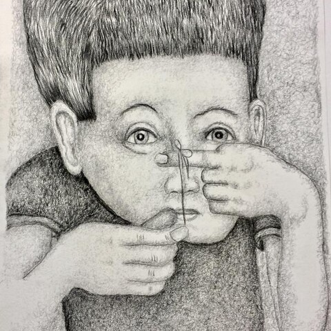 Eine Bleistiftzeichnung von einem Jungen, der mit einem St&uuml;ck Faden an seinen Fingern spielt. Gezeichnet vom K&uuml;nstler Werner Roitner.