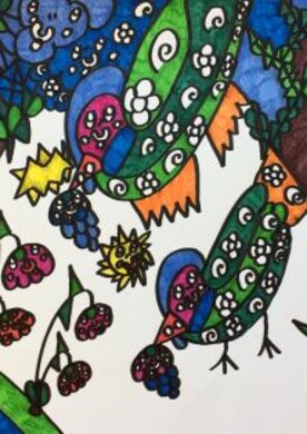 Ein gemaltes Bild, dass Blumen, B&auml;ume, Sonne und Himmel in einem abstrakten Stil darstellt. Gemalt von der K&uuml;nstlerin Stefanie Wimmer.