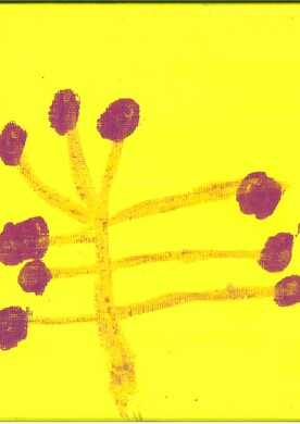 Ein minimalistisches, kontrastreiches Gem&auml;lde des K&uuml;nstlers Darko Beric auf einem leuchtend gelben Hintergrund. Das Bild zeigt eine stilisierte, baum- oder pflanzenartige Struktur in einem dunkleren Gelbton, die mittig von unten nach oben verl&auml;uft. Von diesem vertikalen &bdquo;Stamm&ldquo; zweigen mehrere d&uuml;nne &Auml;ste f&auml;cherf&ouml;rmig nach den Seiten und nach oben ab. An den Enden der &Auml;ste befinden sich insgesamt neun unregelm&auml;&szlig;ige, violette Tupfen, die wie Fr&uuml;chte oder Bl&uuml;ten wirken. Die Textur der Farbe ist leicht k&ouml;rnig und verleiht dem Werk eine organische Ausstrahlung.