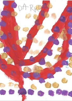 Ein abstraktes, farbenfrohes Gem&auml;lde des K&uuml;nstlers Darko Beric auf wei&szlig;em Hintergrund. Drei dicke, schwungvolle rote Farbbahnen ziehen sich wie &Auml;ste oder Flammen vom unteren Bildrand f&auml;cherf&ouml;rmig nach oben. Das gesamte Bild ist mit zahlreichen runden Farbtupfern in Violett und Goldgelb &uuml;bers&auml;t, die wie Konfetti oder Bl&uuml;ten wirken. Am unteren Rand bildet eine Reihe violetter Punkte eine horizontale Linie. Am oberen Rand ist der Name des K&uuml;nstlers, &bdquo;DARKO&ldquo;, in feinen, grauen Druckbuchstaben geschrieben.