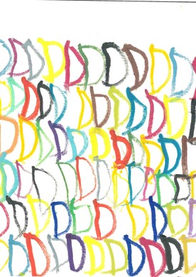 Abstraktes Kunstwerk von Lisi Hinterlechner auf wei&szlig;em Hintergrund. Die gesamte Fl&auml;che ist mit mehreren Reihen des Buchstabens &sbquo;D&lsquo; in verschiedenen, leuchtenden Farben wie Rot, Gelb, Blau, Gr&uuml;n und Violett gef&uuml;llt. Die Buchstaben sind mit strukturreichen Pinselstrichen gemalt und &uuml;berlagern sich teilweise, wodurch ein lebendiges, rhythmisches Muster entsteht.
