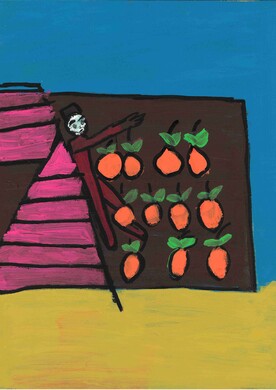 Farbenfrohes, narratives Gem&auml;lde von Juka Abdilwahid. Eine stilisierte Person in dunkelroter Kleidung und schwarzem Hut lehnt an einer pinkfarbenen Treppenstruktur. Die Figur greift nach einer von neun orangefarbenen Fr&uuml;chten mit gr&uuml;nen Bl&auml;ttern, die in einem Raster an einer braunen Wand h&auml;ngen. Der Hintergrund ist zweigeteilt in eine leuchtend gelbe Bodenfl&auml;che und einen tiefblauen Himmel.