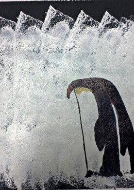 Kunstwerk mit dem Titel "Pinguine und Eis beim Kuscheln" der K&uuml;nstlerin Barbara Plak.