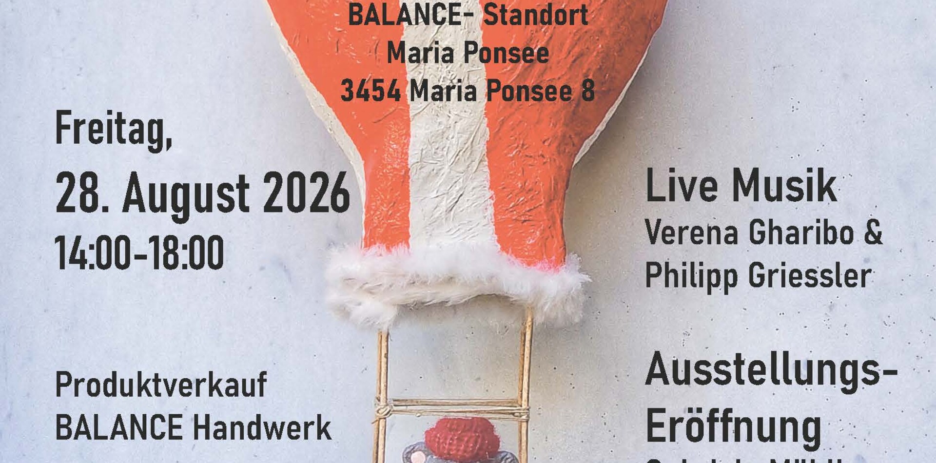 Plakat für das Open House mit Kunst & Schmaus und der 30‑Jahre‑Feier des BALANCE‑Standorts Maria Ponsee.