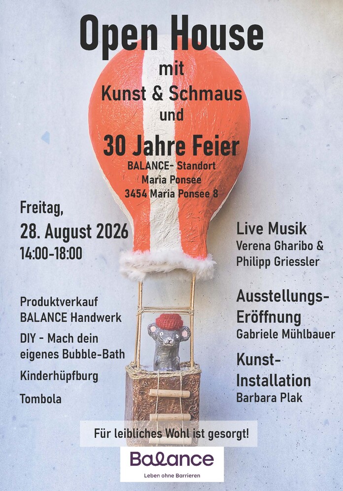 Plakat für das Open House mit Kunst & Schmaus und der 30‑Jahre‑Feier des BALANCE‑Standorts Maria Ponsee.
